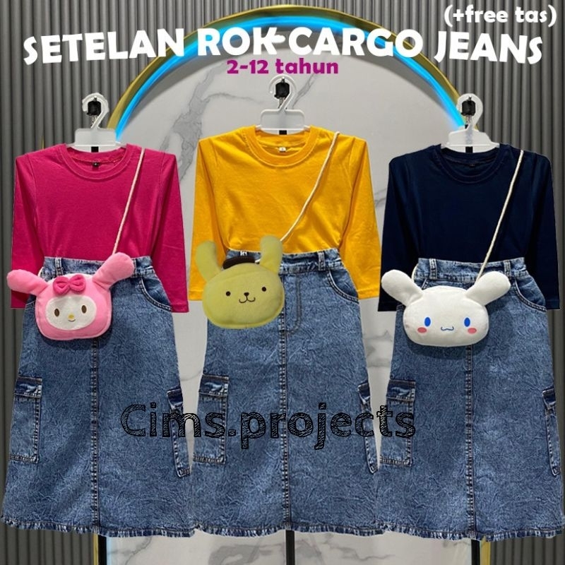 SETELAN ROK CARGO JEANS DAN BAJU KNIT ANAK (FREE TAS)