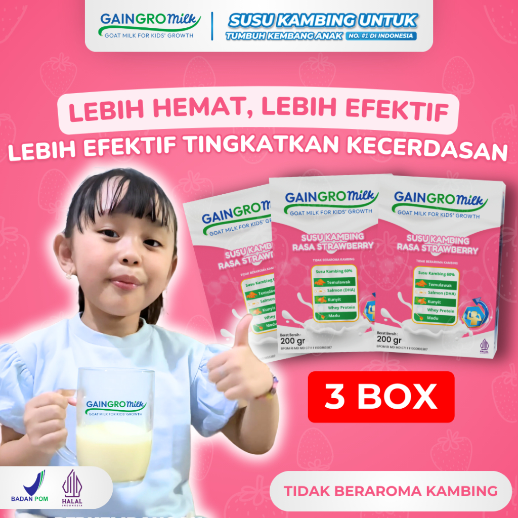 

PAKET 3 BOX GAINGRO MILK STRAWBERRY Meningkatkan Kecerdasan Anak Susu Kambing untuk Anak Rasa Strawberry