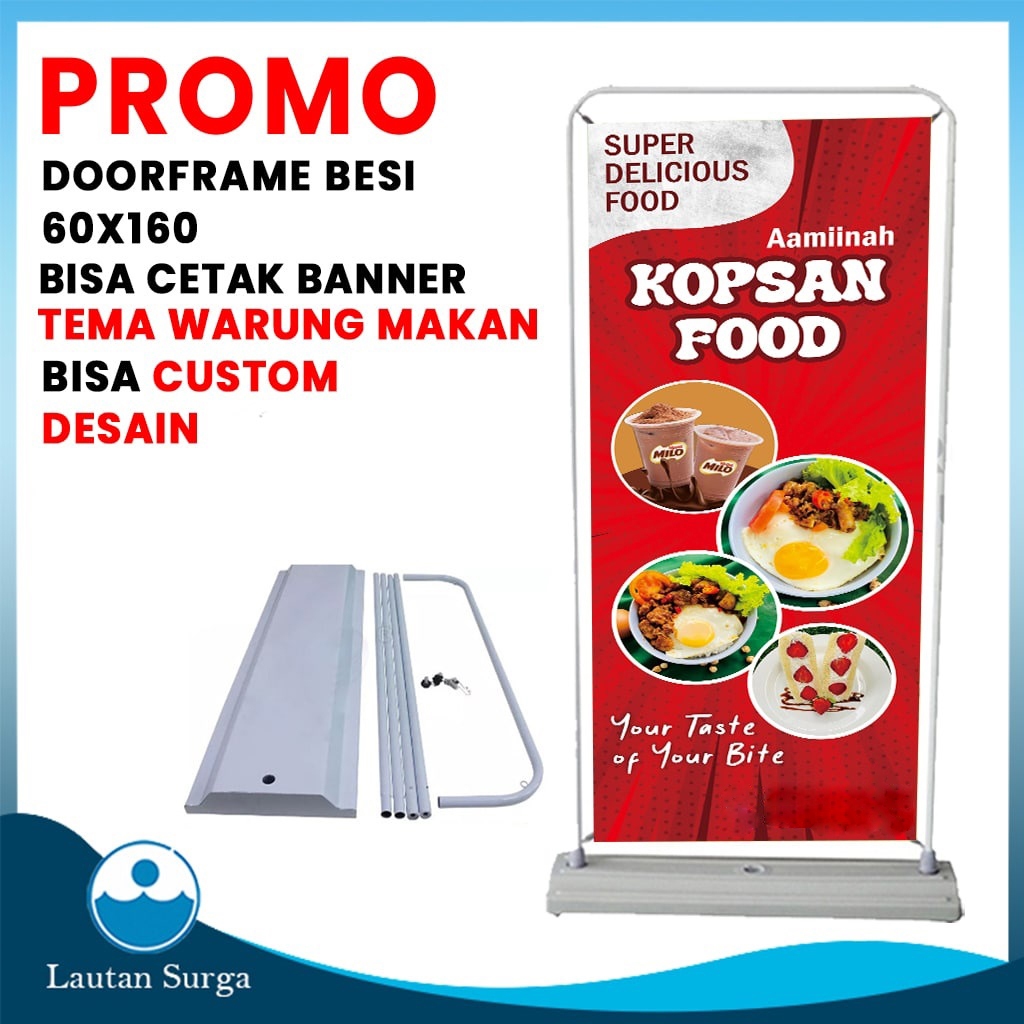(PAKET STANDING Door Frame Besi 60x160) Cetak Stand Banner Spanduk Baliho Custom Desain Benner Warun