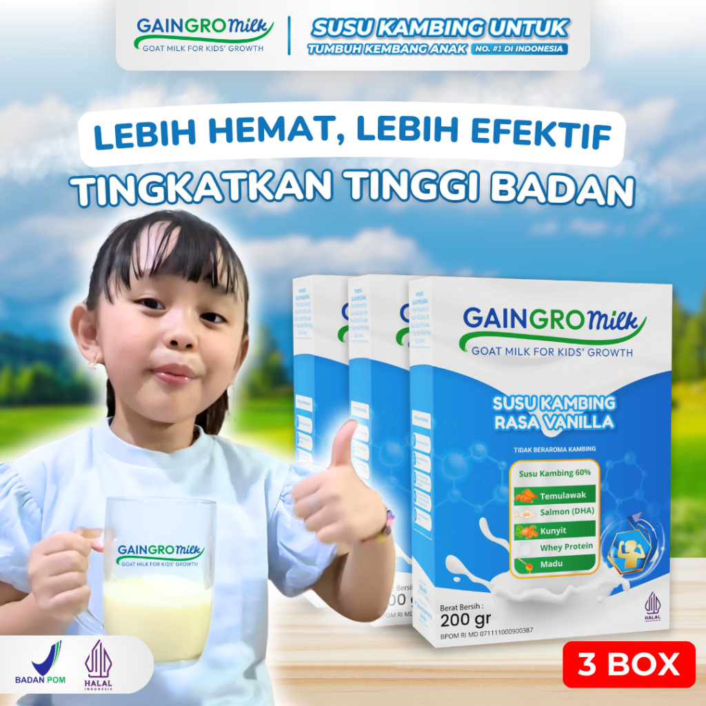 

PAKET 3 BOX GAINGRO MILK VANILLA Susu Kambing Penambah Tinggi Badan Anak