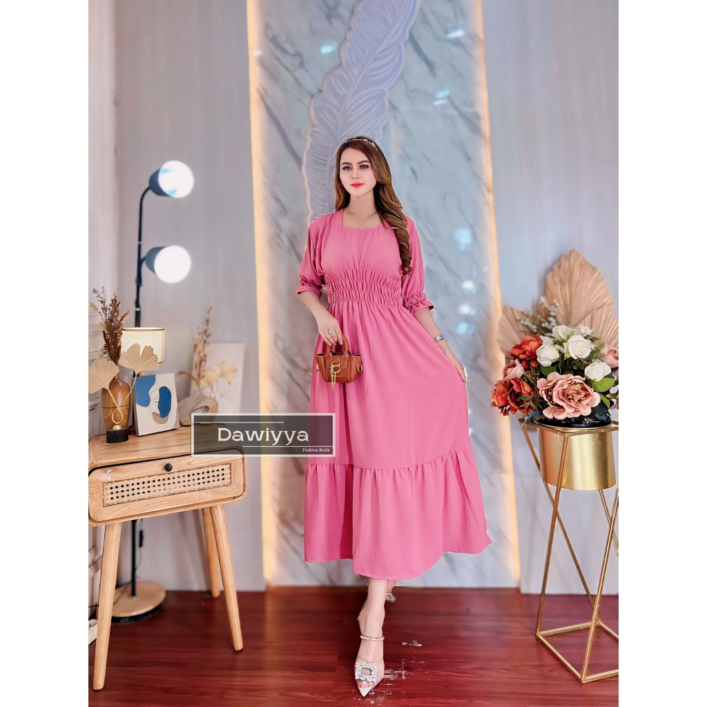 DAWIYYA DASTER DRESS MIDI PINGGANG KERUT/MIDI DRESS DASTER KEKINIAN CRINGKLE TERBARU