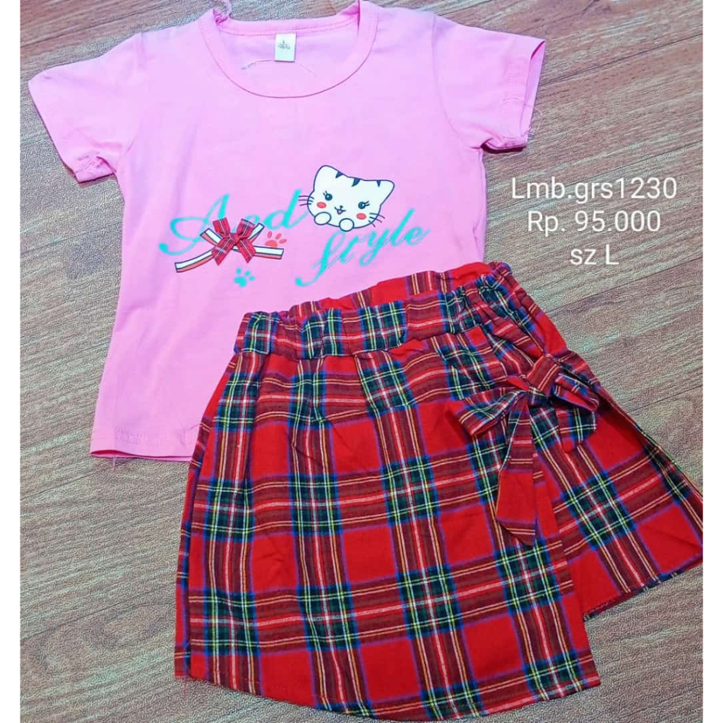 LMB.GRS1230 Setelan anak perempuan atasan kaos katun tangan pendek motif kucing rok kotak-kotak lucu