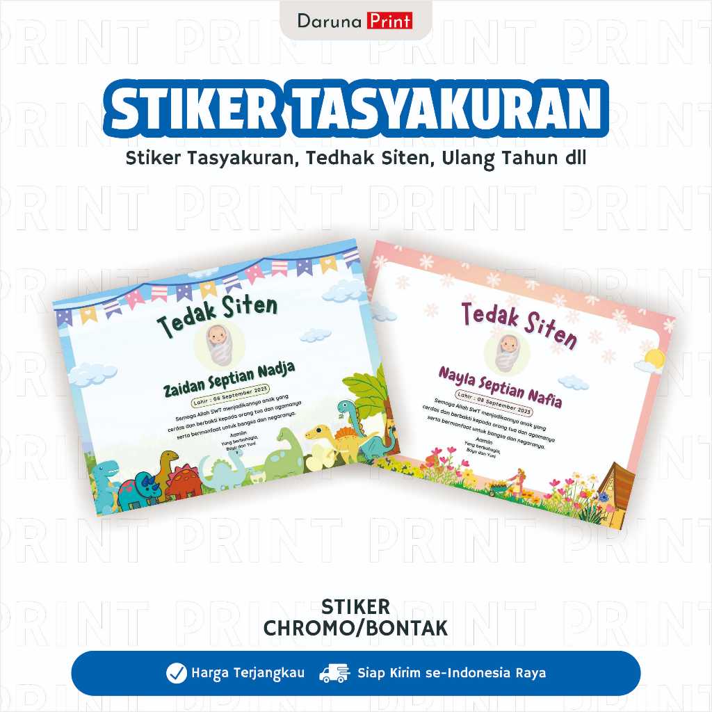 

Cetak Stiker Bontax Tedhak Siten / Tasyakuran / Aqiqah / Kelahiran / Ulang Tahun / Stiker Box