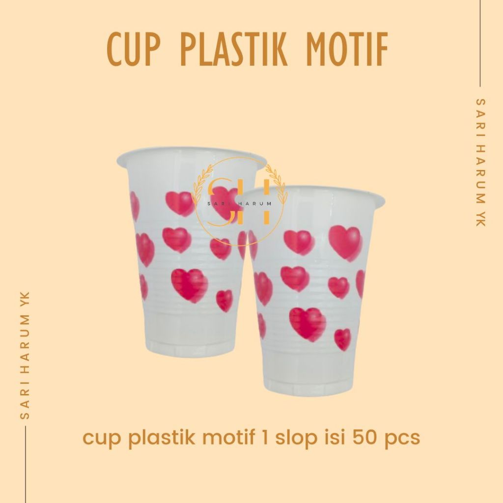 Cup plastik | Cup kopi | gelas plastik | gelas teh | motif love | gelas aqua | 1 slob 50 pcs