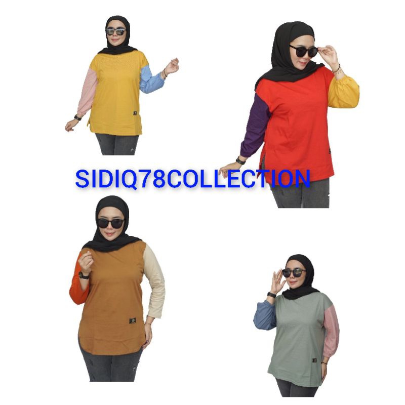 KAOS SEMI TUNIK KOMBINASI 3 WARNA // KAOS WANITA MODEL OVERSIZE // LENGAN KARET KERUT FIT XXL // BAJ
