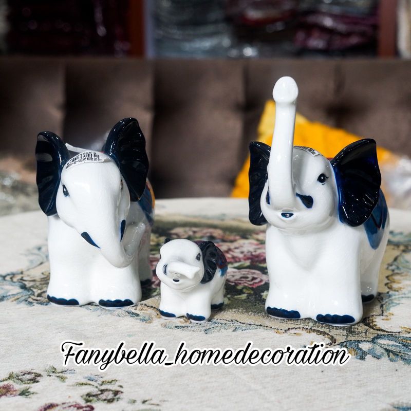 PAJANGAN KERAMIK GAJAH BIRU PUTIH MEWAH IMPORT