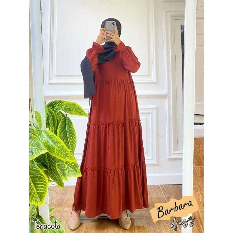 Barbara dress wanita gamis rayon twill rempel polos terbaru