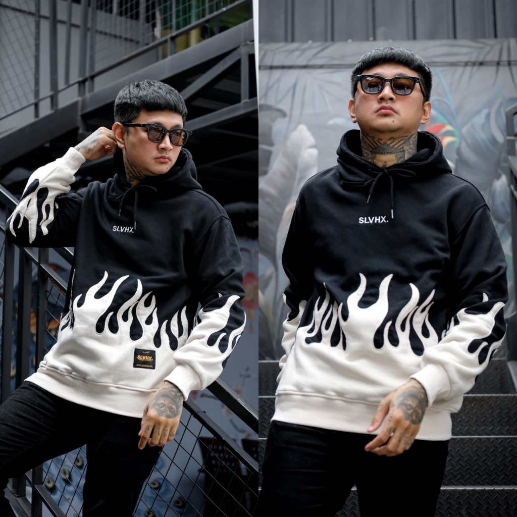 Sweater Hoodie Rework Flame Embroidery Original Salvio Hexia - Jaket Hoodie Pria Wanita Tebal