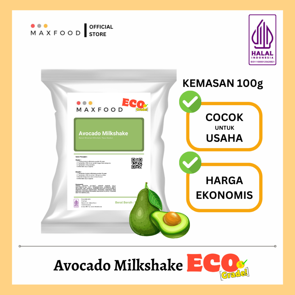 

MAXFOOD - [ECO] Avocado Milkshake Powder / Minuman Bubuk Rasa Alpukat Milkshake Ekonomis 100 GR