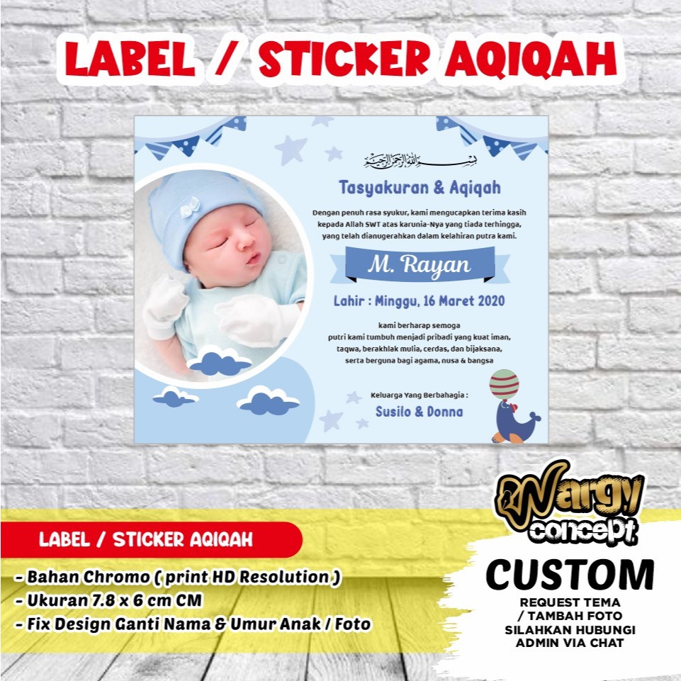 

STICKER, LABEL, UCAPAN AQIQAH ANAK COWO custom free desain