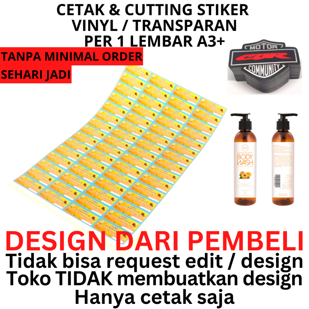 

Cetak & Cutting Stiker Vinyl 1 Lembar A3+ / Anti Air / Transparan /CUSTOM Sticker label bulat kotak