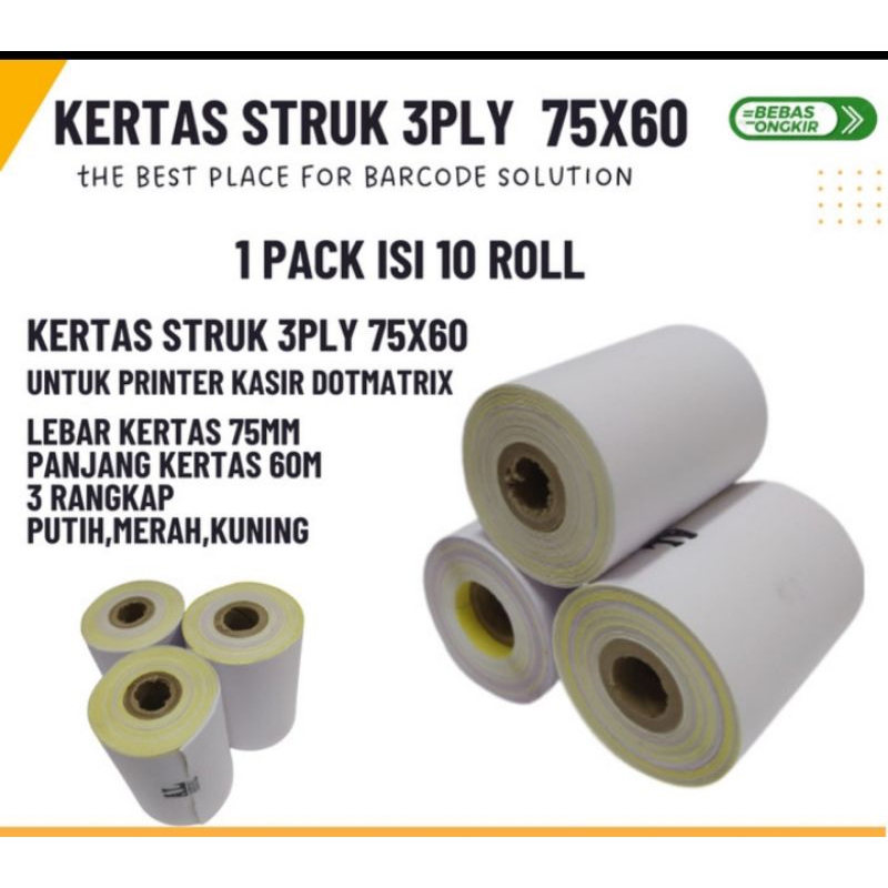 

Kertas kasir 3ply 75x60mm paket 10 Roll untuk mesin printer Dotmatrik