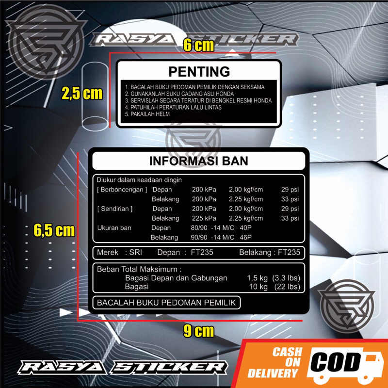 STIKER INFORMASI BAN HONDA PENTING VARIO BEAT SCOOPY