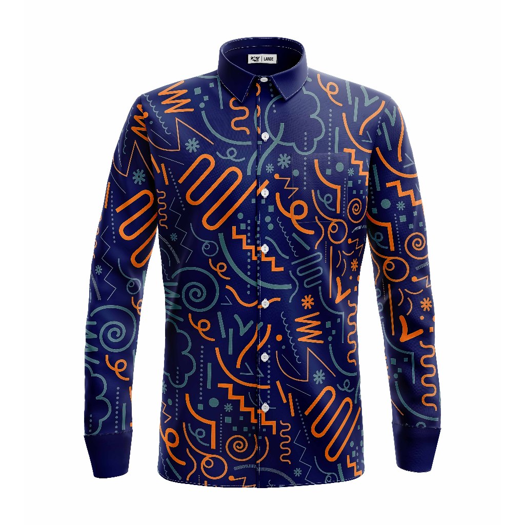 Kemeja pria lengan panjang - Doodle Line Art Blue