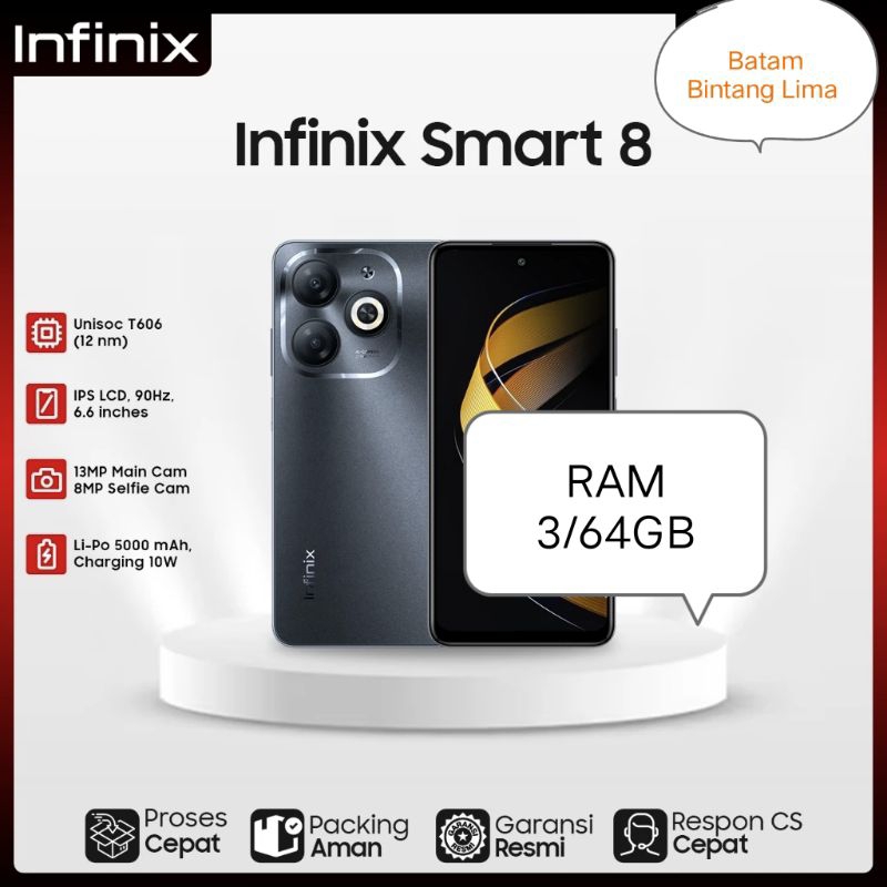 INFINIX SMART 8 RAM 3/64GB BLACK | UNISOC T606 | LAYAR 6.6 90Hz RESMI 12 BULAN INFINIX
