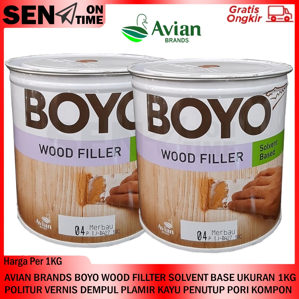 AVIAN BRANDS BOYO WOOD FILLTER SOLVENT BASE UKURAN 1KG POLITUR VERNIS DEMPUL PLAMIR KAYU PENUTUP POR