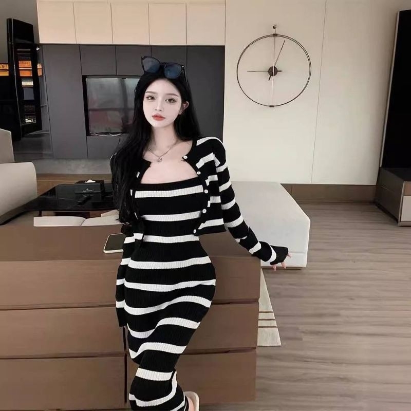 20667 Dress Rajut 2IN1 Inner Dress Rajut Full Garis Salur Tanpa Lengan Model Satu Tali Mix Outer/Dre