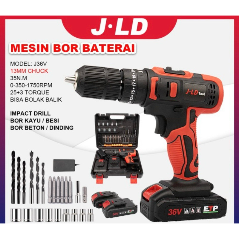 JLD 36vf Bor Baterai Cas Komplit 10mm Impact Baterai Cordless Bor Mesi