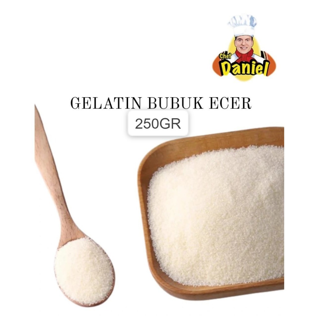 

CHEF DANIEL GELATIN POWDER ECER 250GR HALAL COCOK UNTUK PUDING/CREAM/PERMEN DLL