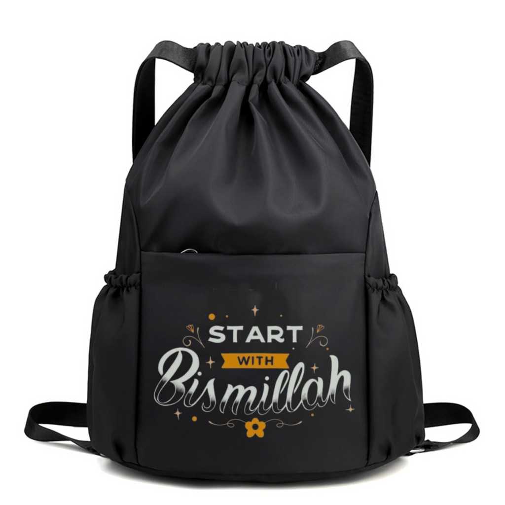 Tas Serut Aesthetic Waterproof Font Bismillah Stringbag Pria Wanita Cordura Hitam