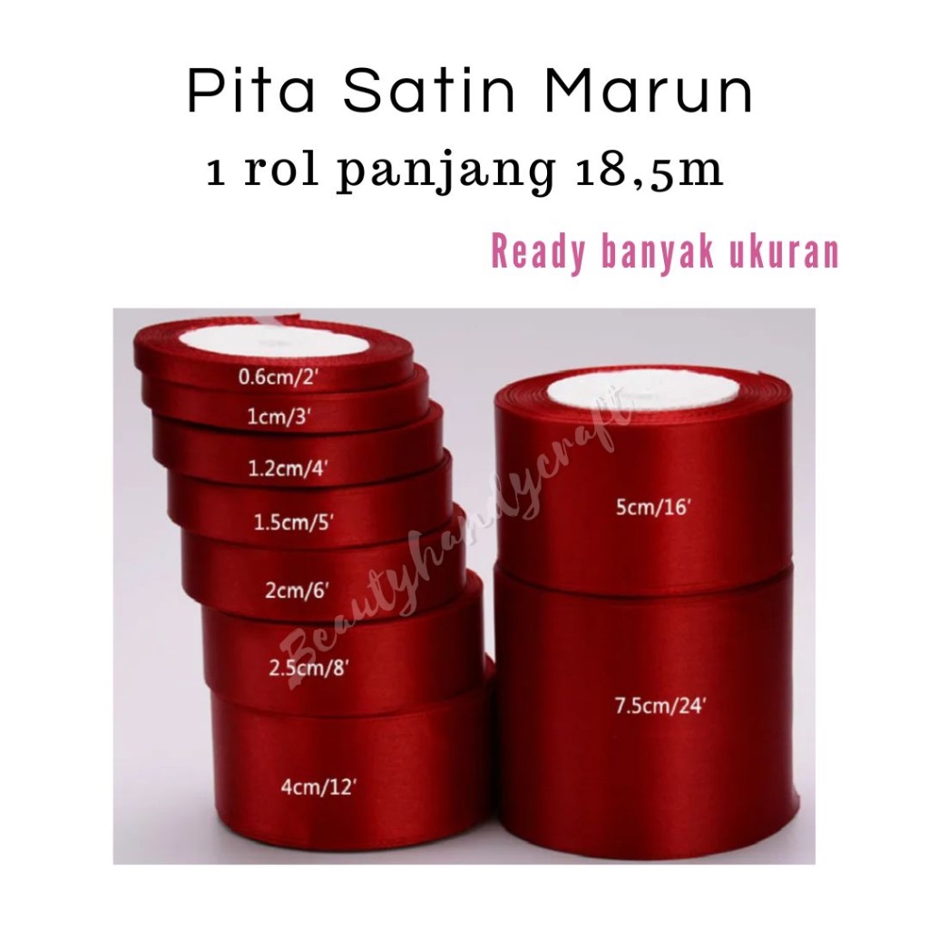 

Pita Satin 1 rol MARUN 20-25 Yard varian 1/4 1/2 inchi 2 cm 5 cm 4 cm