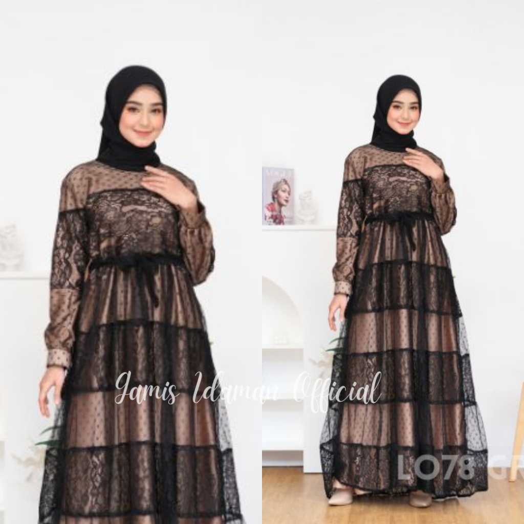 Gamis Nadhira Syar’i Dress Muslim Satin Brokat Kombinasi Lace Free Tali Kekinian Gaun Pesta Kondanga