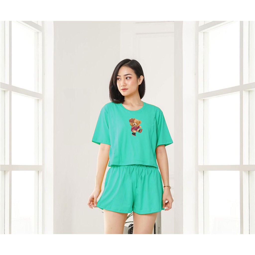 Setelan Wanita Crop Top Set Lengan Pendek dan Celana Pendek TEDDY BASKET Setelan Wanita Baju Kaos
