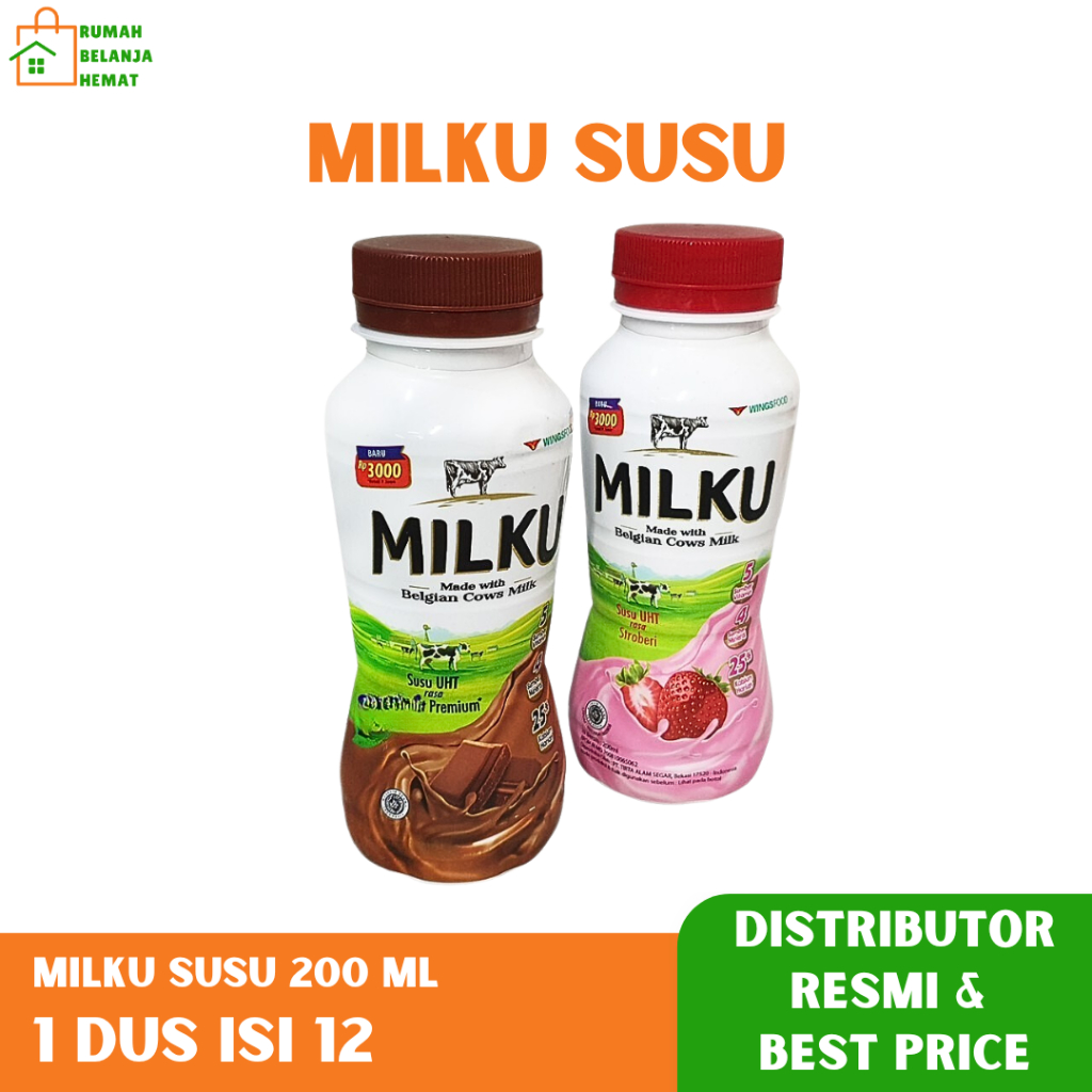 

Milku Susu UHT Cair Siap Minum Rasa Cokelat & Strawberry Kemasan Botol 200ml