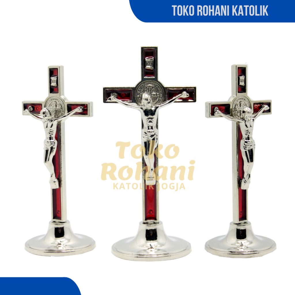 SALIB DUDUK KATOLIK  LOGAM 12 CM /  SALIB MEJA / SALIB BENEDIKTUS / SALIP  / SALIB KAYU / SALIB MEJA