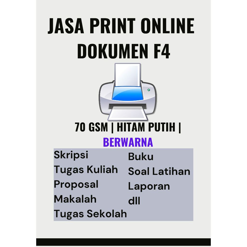 

JASA PRINT ONLINE FULL WARNA | HVS UKURAN F4 SIDU | 70 GSM