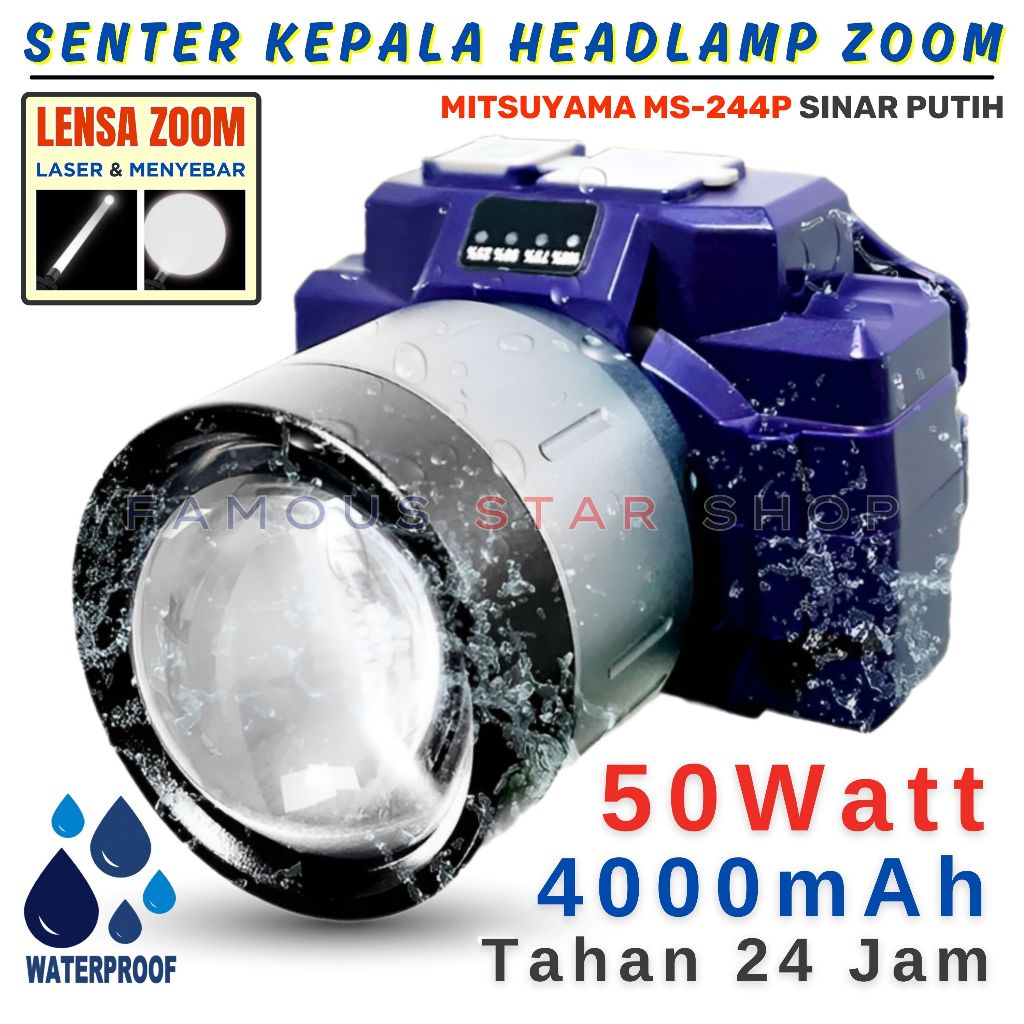 Headlamp Zoom Super LED 50 Watt | Senter Kepala Lensa Zoom Super Terang MITSUYAMA MS-244P Tahan 24 J
