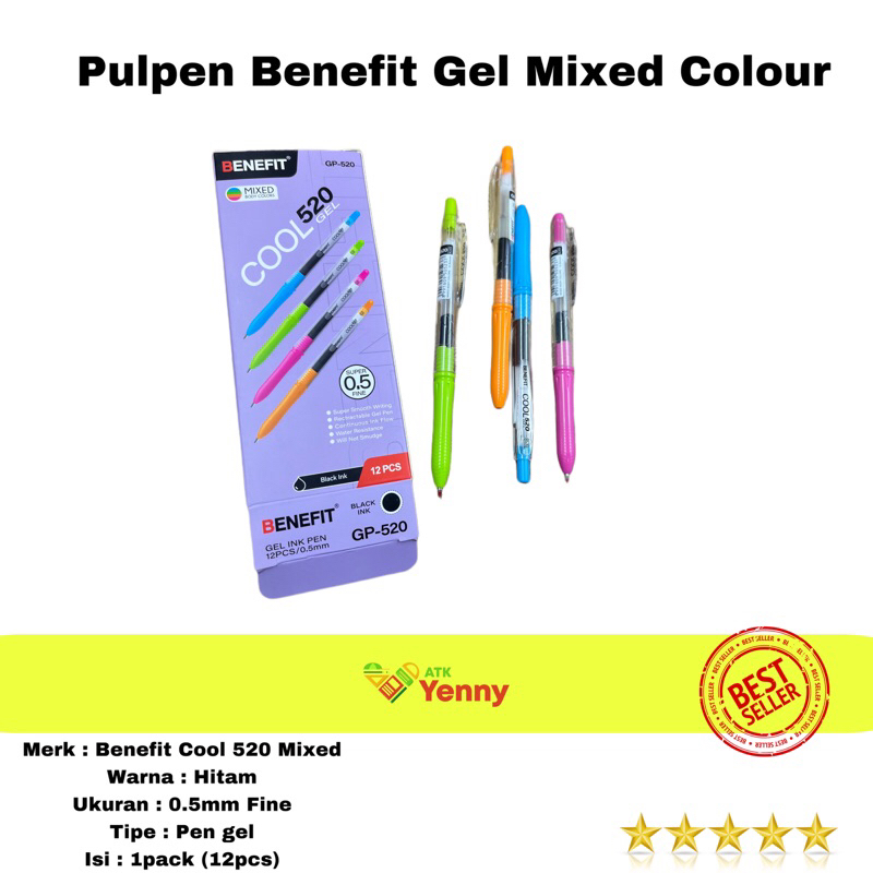 

Pulpen Gel Benefit Cool 520 / Gel Pen Benefit Cool 520 Mixed Body Colour Warna Tinta Hitam