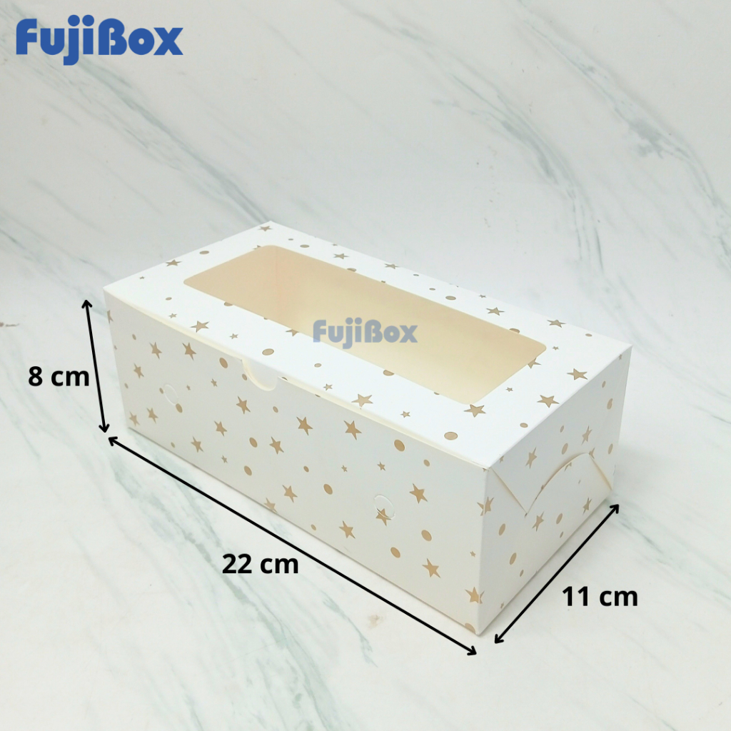 

(10 Pcs) Fuji Box Dus Kotak Kue Ivory Motif Polkadot Bintang Emas 11 cm x 22 cm x 8 cm Putih Ivory Premium Jendela