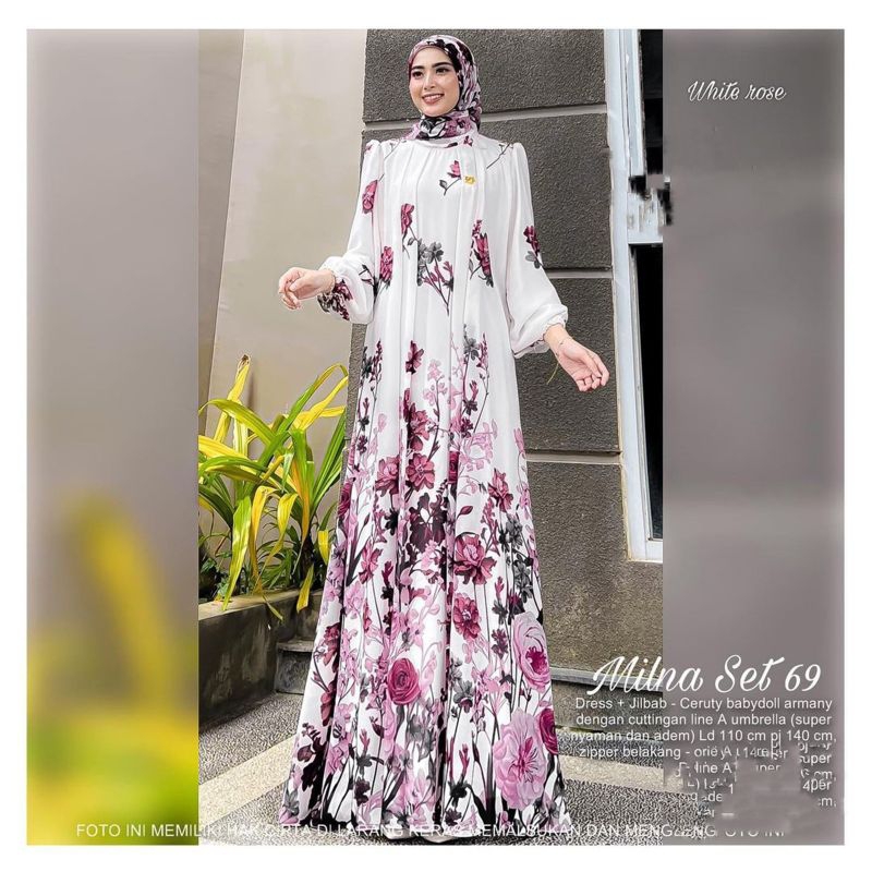 Baju Gamis Wanita Muslim Milna 69 Set Dress Plus Jilbab Fashion Perempuan Dewasa Remaja Cewek Putri 