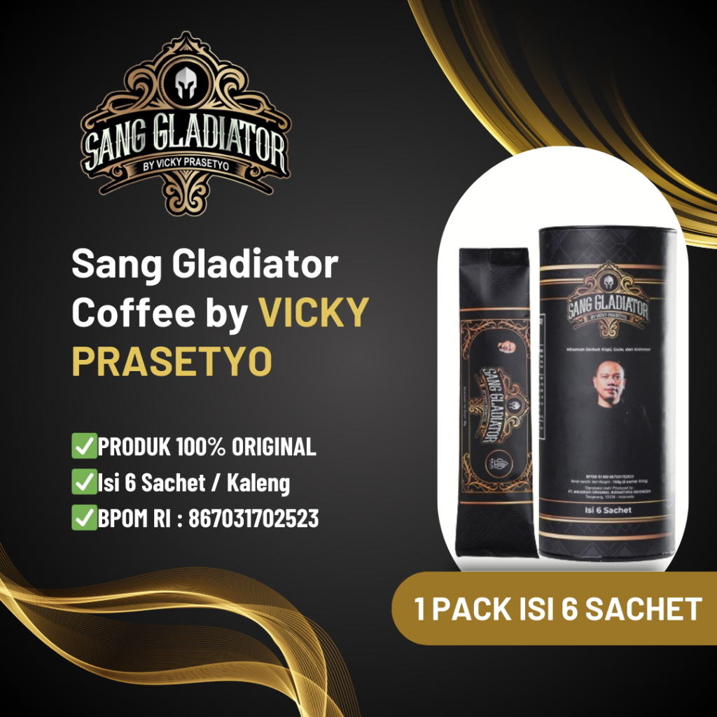 

PRIVASI Kopi Gladiator Coffee by Vicky Prasetyo Isi 6 Sachet Original BPOM