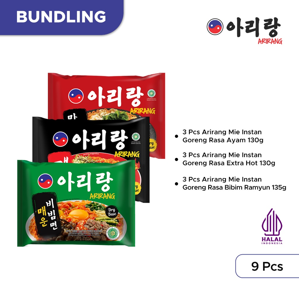 

9 Pcs Arirang Paket Mix Rasa Extra Hot, Rasa Ayam dan Rasa Bibim Ramyun (AR140)