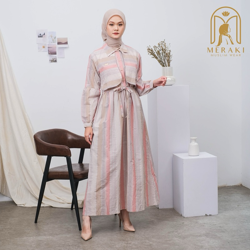 SOFIA DRESS [GARIS PINK PASTEL] | GAMIS MUSLIM MODERN MURAH KATUN TRISET BUSUI FRIENDLY PREMIUM NYAM
