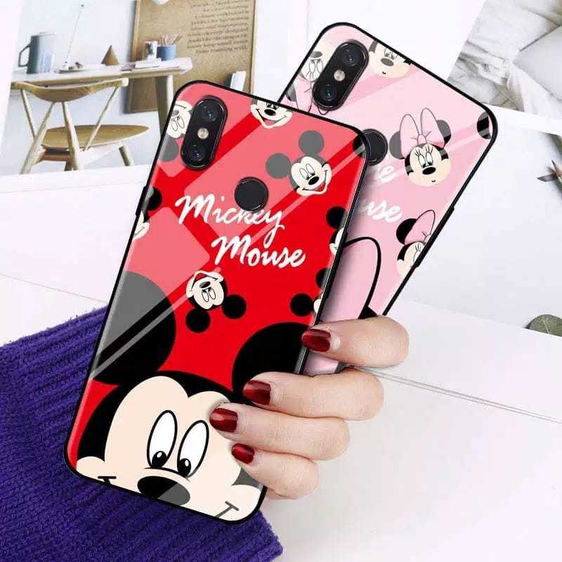 REALME C1 , C2 , C3 , C11 , C12 , C15 PREMIUM SOFT CASE GLASS MOTIF MICKEY MOUSE NEW