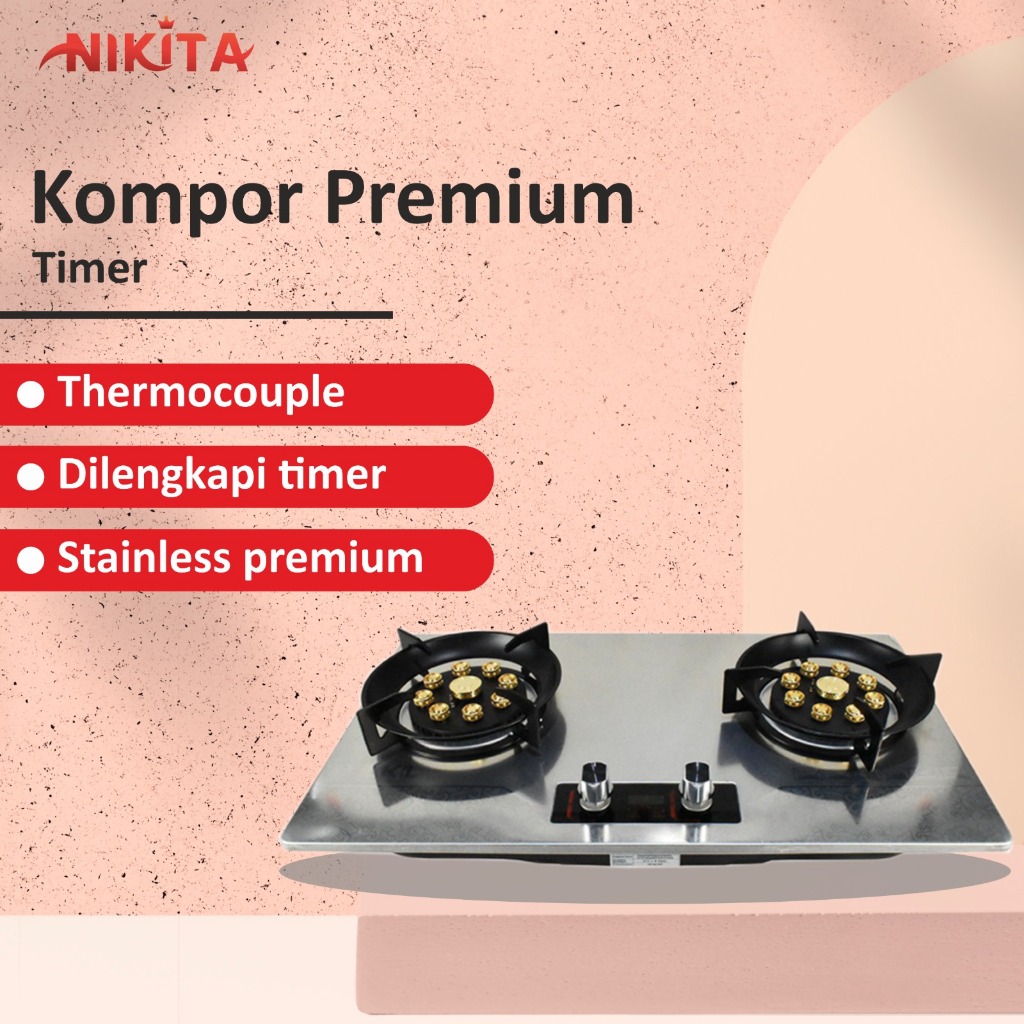 NIKITA Kompor Gas Tanam PREMIUM Stainless 2 Tungku | Kompor Timer | Kompor Gas