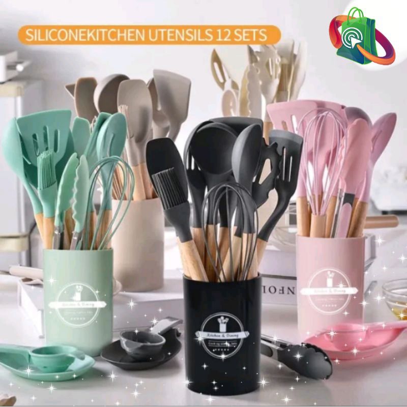 SPATULA SET 12PCS, SET PERALATAN MASAK SILIKON OR-201 PAKET ALAT DAPUR 11 IN 1 + WADAH SATU PAKET LE