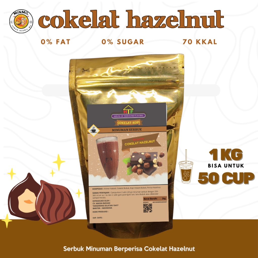 

MINMIL - BUBUK MINUMAN COKELAT HAZELNUT 250GR PREMIUM ORIGINAL TANPA PEMANIS BUATAN