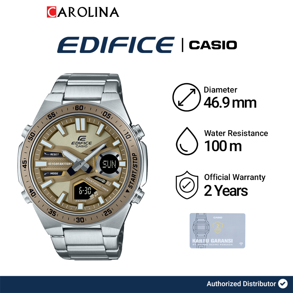 Jam Tangan Pria Casio Edifice EFV-C110D-5A 10 Year Battery Digital-Analog Gold Dial Stainless Steel