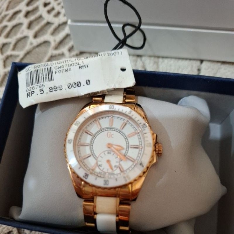 Jam GC*Gues* Collection White Ceramic Rose Gold IP X47003L VGC ORIGINAL 100%