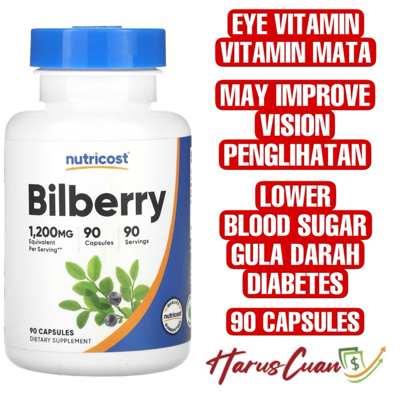 Nutricost Bilberry 1200 mg 90 Capsules Eye Vitamin Mata Vegetarian