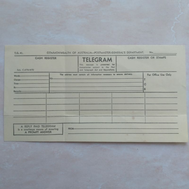 Koleksi Kuno Jadul Arsip Telegram Australia ASLI 1950-1960 an - YN1530