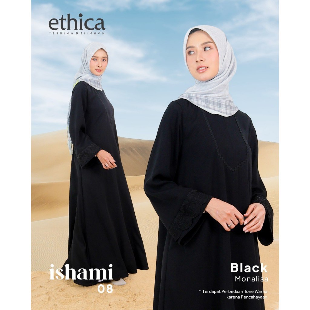 Ethica Ishami 08 | Gamis Abaya Hitam Putih Elegant | Outfit Idul Adha