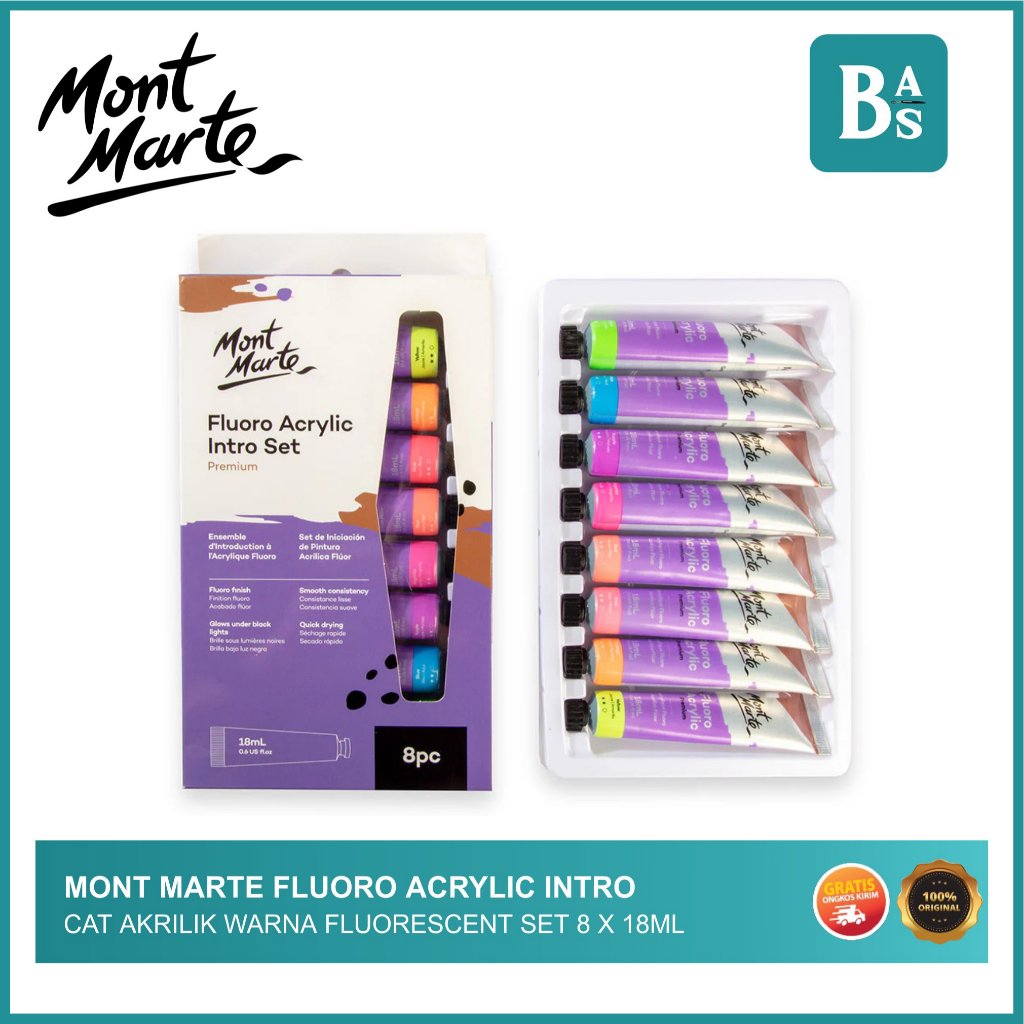 

MONT MARTE - Fluoro Acrylic Paint Intro Set of 8 x 18ml Tubes / Cat Akrilik Fluorescent (Neon) / Bersinar dibawah Cahaya Hitam Peralatan Melukis Terlengkap dari Bal Art Supplies