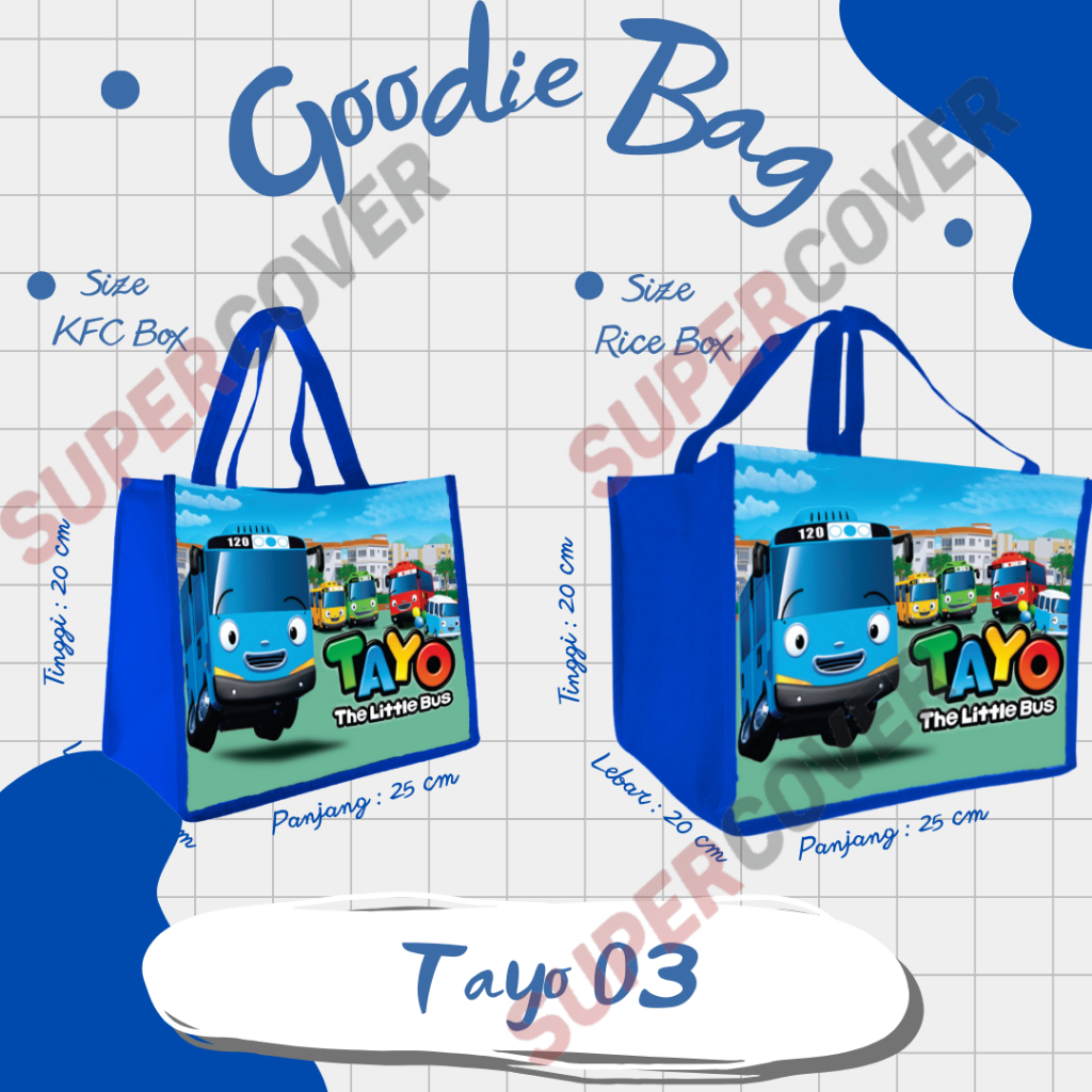 Tas Goodie Bag Gambar Tayo 03 warna Biru Tua, Karakter Tayo warna Biru Tua untuk Acara Ulang Tahun, 