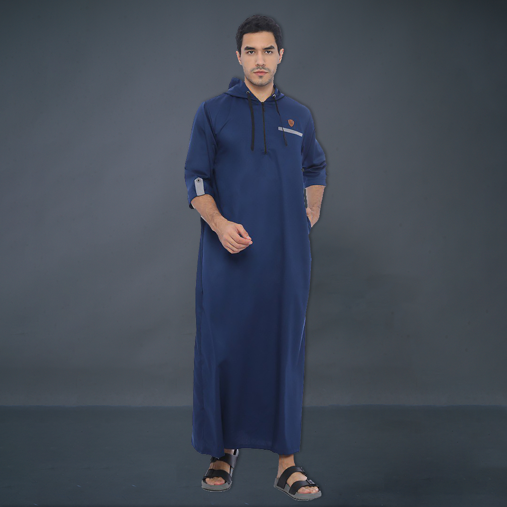 Kawan Muslim - Jubah Gamis Hoodie Pria Dewasa Modern Lengan Pendek Bahan Adem Biru Navy