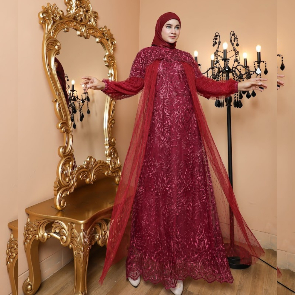 RAISHA-Gamis Brukat NUSAIBAH Jumbo LD 120 Dress Kondangan Full Tile Brokat Bordir Keliling Mix Tile 